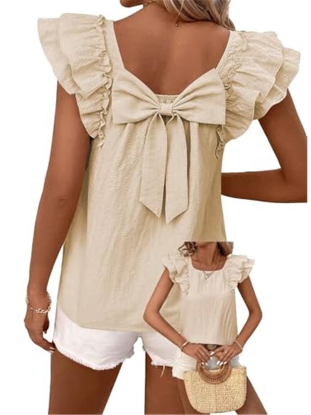 Womens Ruffle Sleeve Blouse Bow Back Pleated Tunic Top Casual Summer Shirt